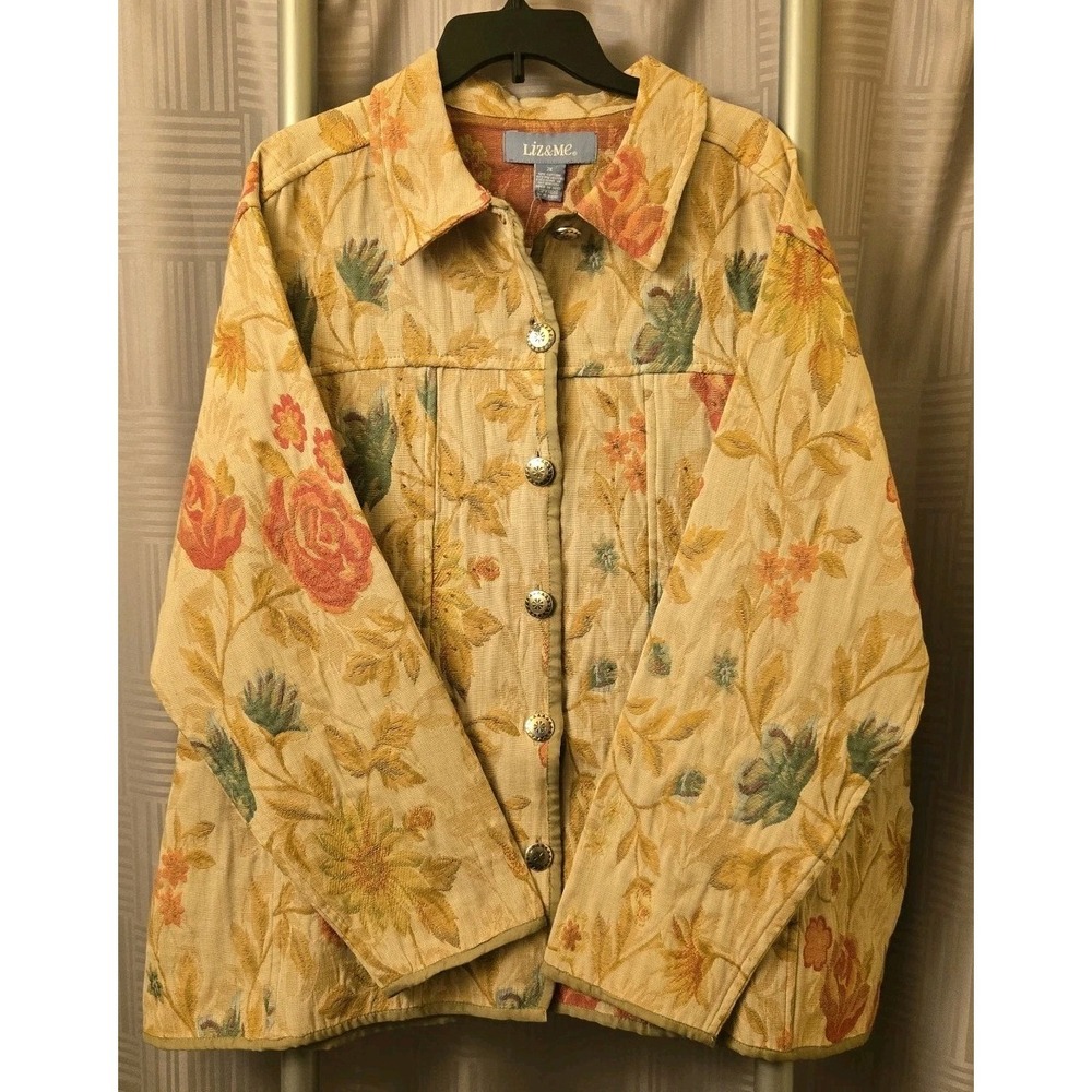 Liz &‎ Me Beige Floral Tapestry Jacket Plus Size 2X Button Up Pockets NWT